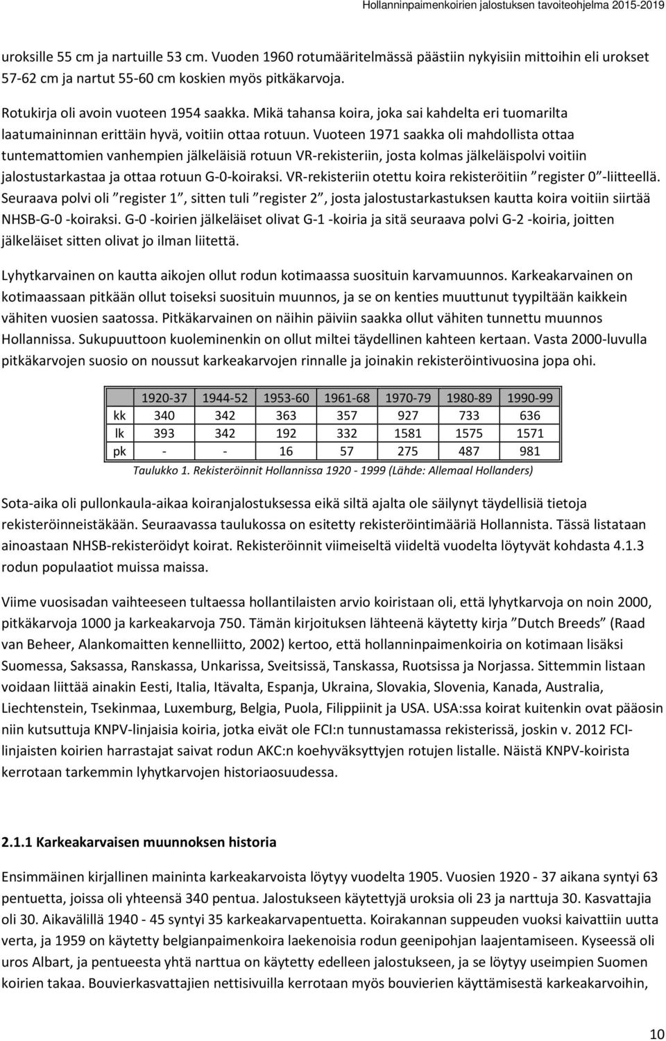 Vuoteen 1971 saakka oli mahdollista ottaa tuntemattomien vanhempien jälkeläisiä rotuun VR-rekisteriin, josta kolmas jälkeläispolvi voitiin jalostustarkastaa ja ottaa rotuun G-0-koiraksi.