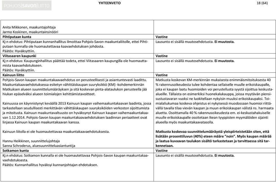 Viitasaaren kaupunki Kj:n ehdotus: Kaupunginhallitus päättää todeta, ettei Viitasaaren kaupungilla ole huomauttamista kaavaehdotukseen. Päätös: Hyväksyttiin.