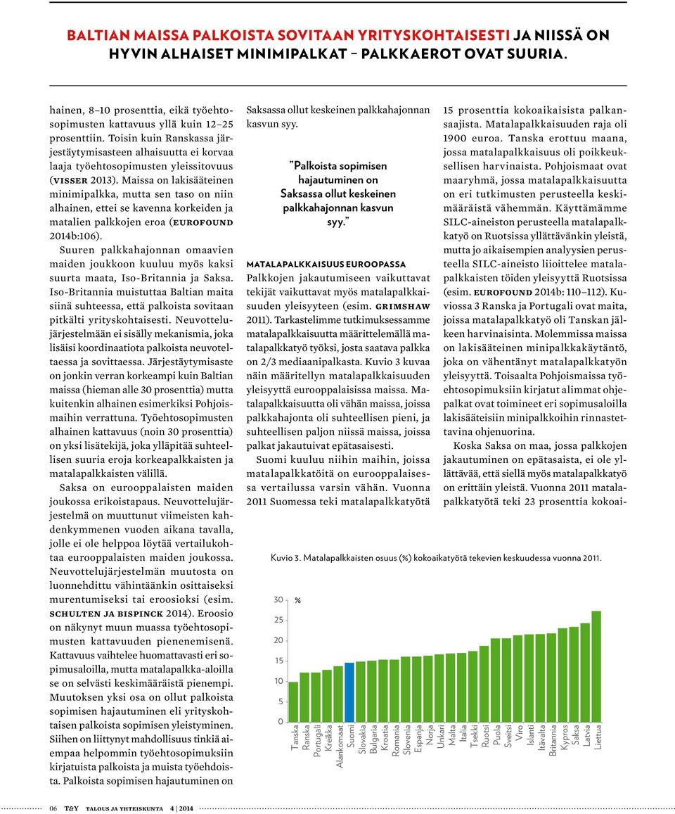 Toisin kuin Ranskassa järjestäytymisasteen alhaisuutta ei korvaa laaja työehtosopimusten yleissitovuus (Visser 2013).