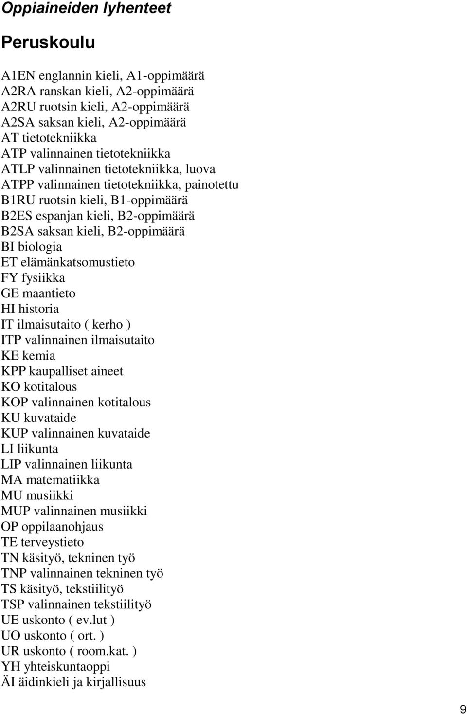 B2-oppimäärä BI biologia ET elämänkatsomustieto FY fysiikka GE maantieto HI historia IT ilmaisutaito ( kerho ) ITP valinnainen ilmaisutaito KE kemia KPP kaupalliset aineet KO kotitalous KOP