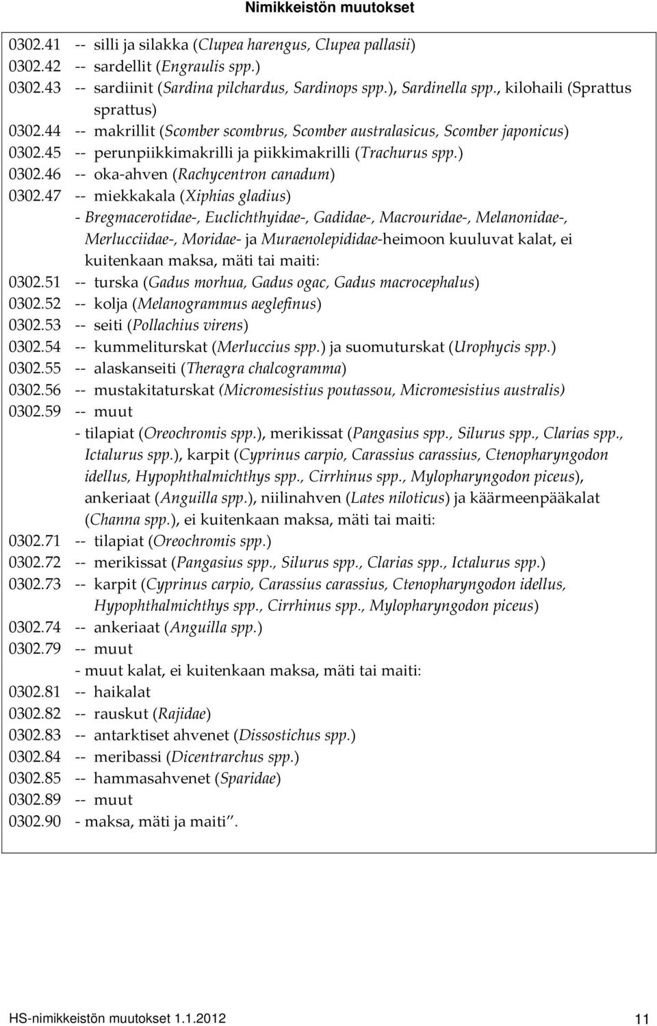 47 miekkakala (Xiphias gladius) Bregmacerotidae, Euclichthyidae, Gadidae, Macrouridae, Melanonidae, Merlucciidae, Moridae ja Muraenolepididae heimoon kuuluvat kalat, ei kuitenkaan maksa, mäti tai