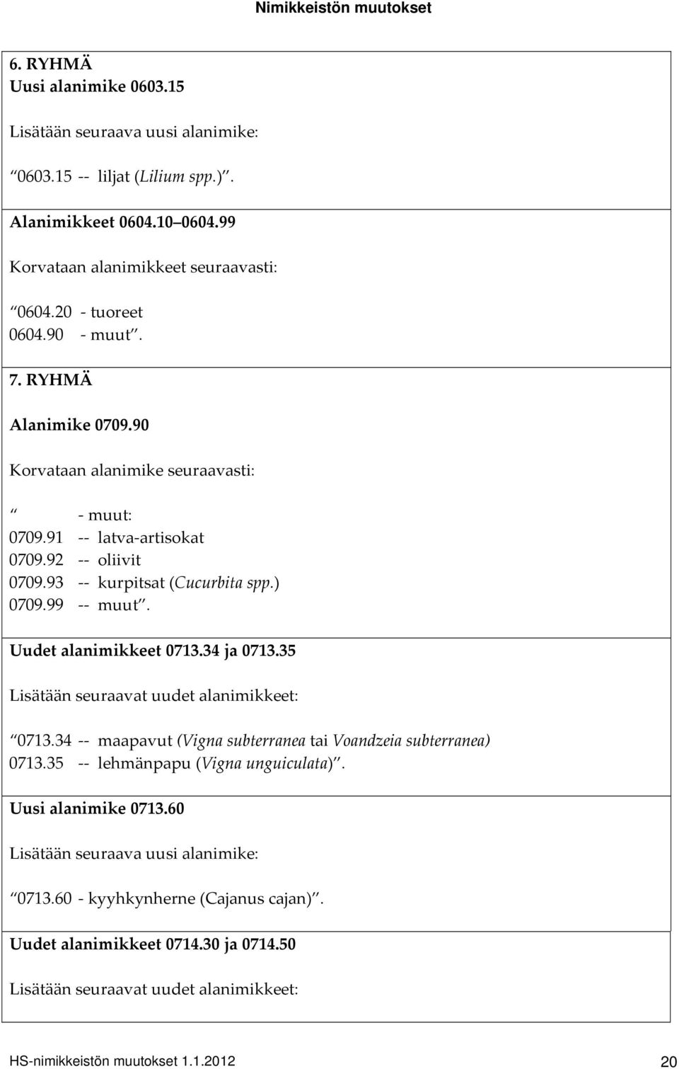 35 Lisätään seuraavat uudet alanimikkeet: 0713.34 maapavut (Vigna subterranea tai Voandzeia subterranea) 0713.35 lehmänpapu (Vigna unguiculata). Uusi alanimike 0713.