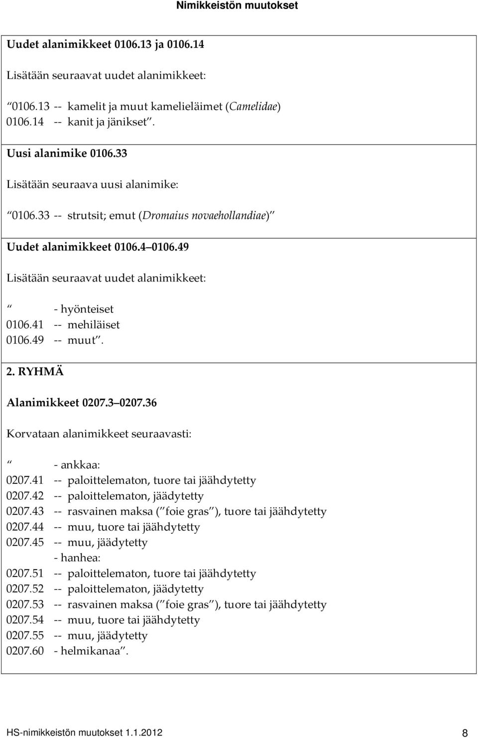 49 muut. 2. RYHMÄ Alanimikkeet 0207.3 0207.36 ankkaa: 0207.41 paloittelematon, tuore tai jäähdytetty 0207.42 paloittelematon, jäädytetty 0207.