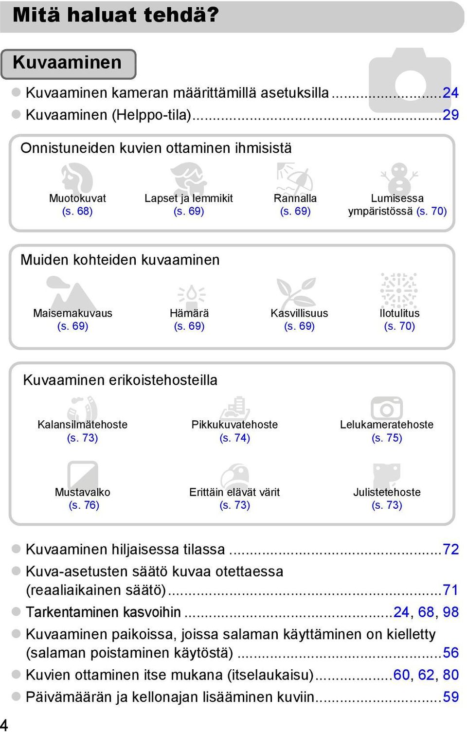 70) Kuvaaminen erikoistehosteilla Kalansilmätehoste (s. 73) Pikkukuvatehoste (s. 74) Lelukameratehoste (s. 75) Mustavalko (s. 76) Erittäin elävät värit (s. 73) Julistetehoste (s.