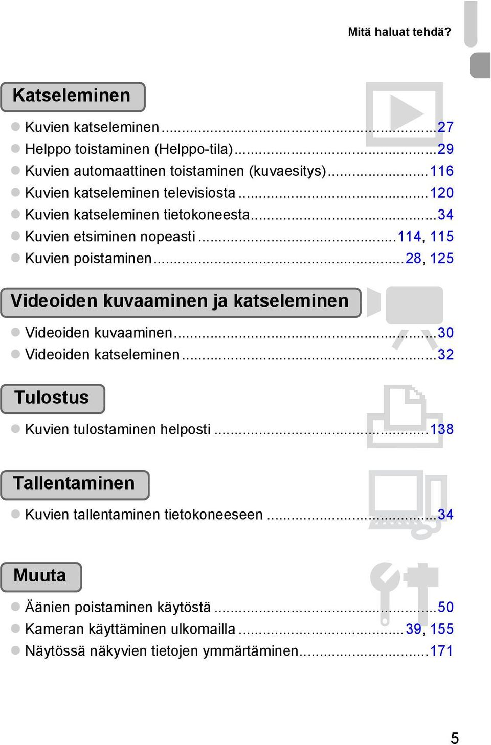 ..28, 125 Videoiden kuvaaminen ja katseleminen E Videoiden kuvaaminen...30 Videoiden katseleminen...32 Tulostus 2 Kuvien tulostaminen helposti.