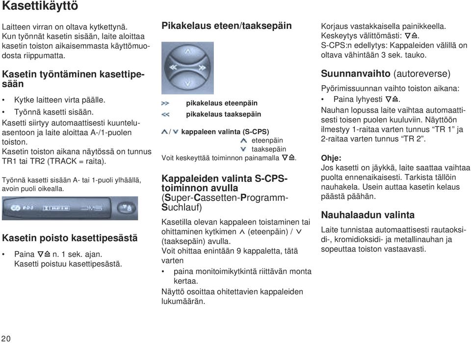 Kasetin toiston aikana näytössä on tunnus TR1 tai TR2 (TRACK = raita). Työnnä kasetti sisään A- tai 1-puoli ylhäällä, avoin puoli oikealla. Kasetin poisto kasettipesästä Paina n. 1 sek. ajan.