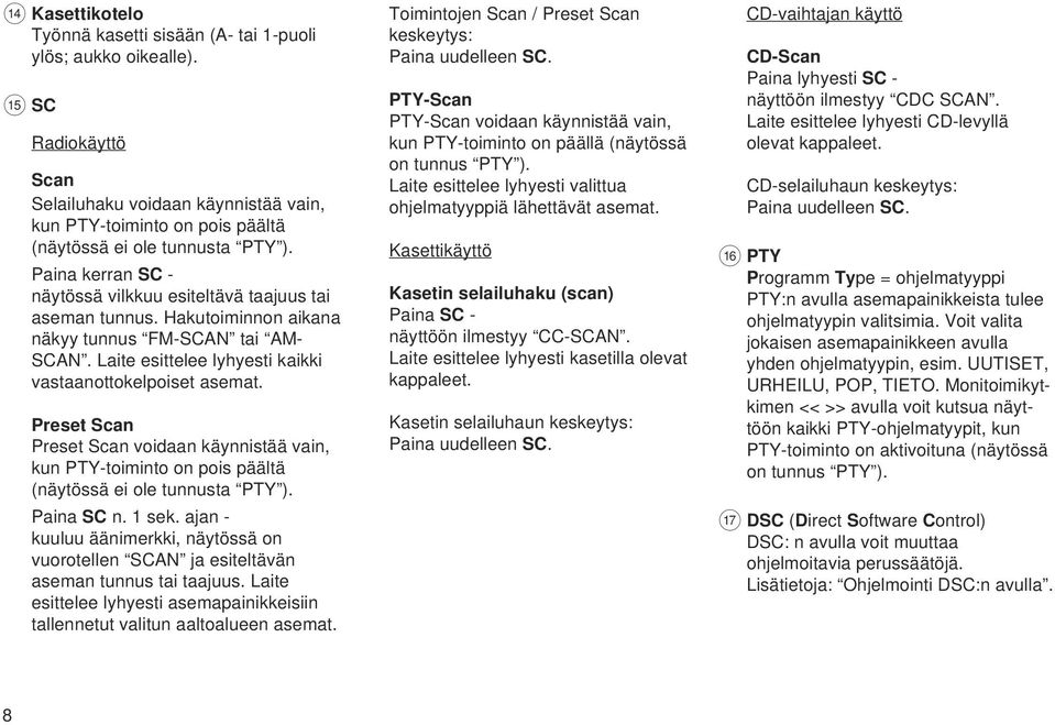 Preset Scan Preset Scan voidaan käynnistää vain, kun PTY-toiminto on pois päältä (näytössä ei ole tunnusta PTY ). Paina SC n. 1 sek.