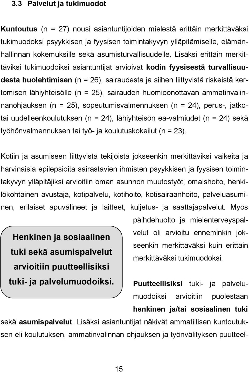 Lisäksi erittäin merkittäviksi tukimuodoiksi asiantuntijat arvioivat kodin fyysisestä turvallisuudesta huolehtimisen (n = 26), sairaudesta ja siihen liittyvistä riskeistä kertomisen lähiyhteisölle (n