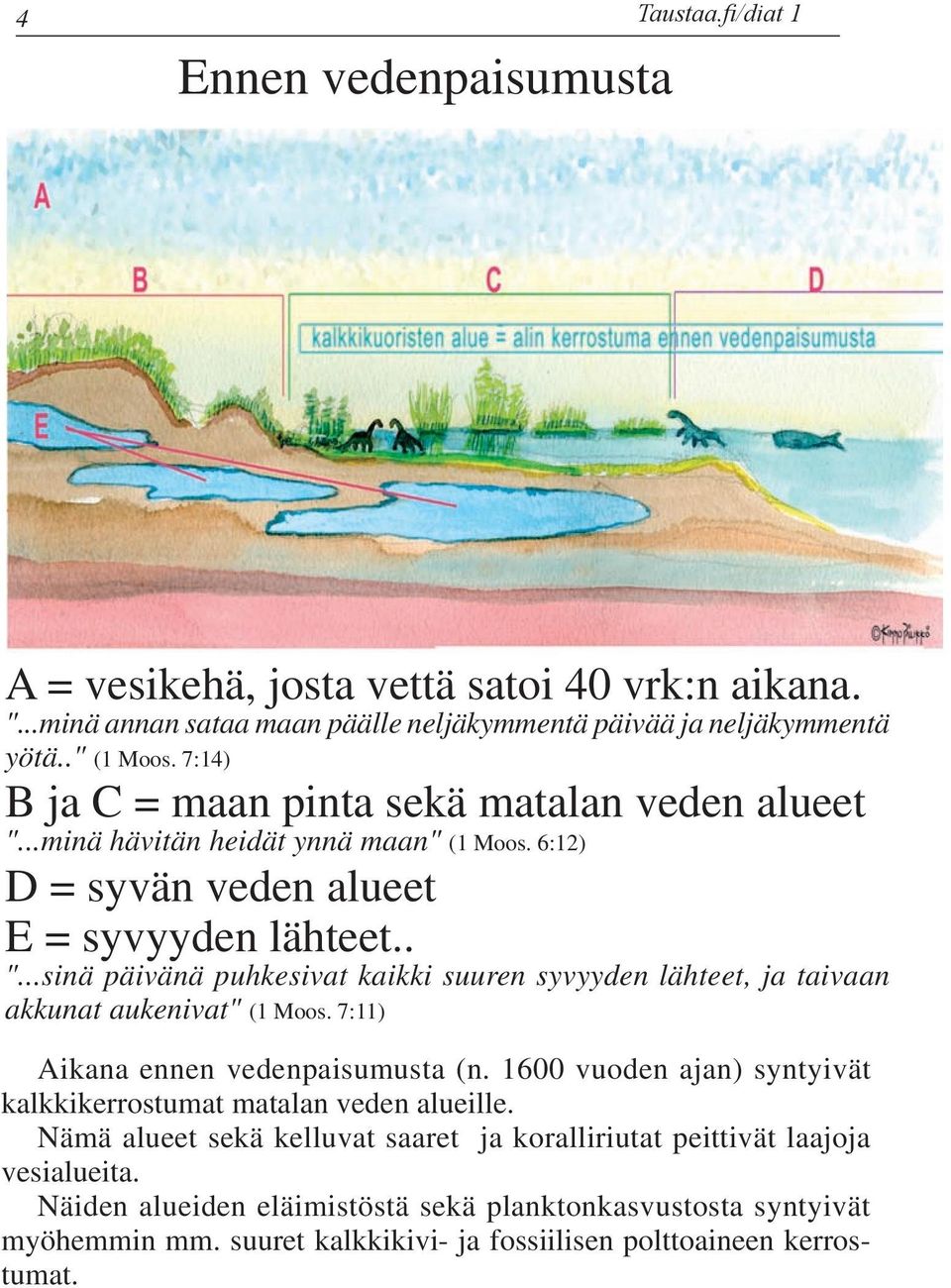 7:11) Aikana ennen vedenpaisumusta (n. 1600 vuoden ajan) syntyivät kalkkikerrostumat matalan veden alueille. Nämä alueet sekä kelluvat saaret ja koralliriutat peittivät laajoja vesialueita.