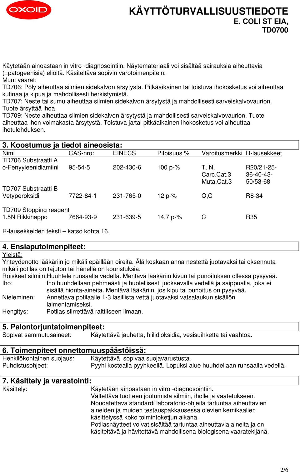 TD707: Neste tai sumu aiheuttaa silmien sidekalvon ärsytystä ja mahdollisesti sarveiskalvovaurion. Tuote ärsyttää ihoa.