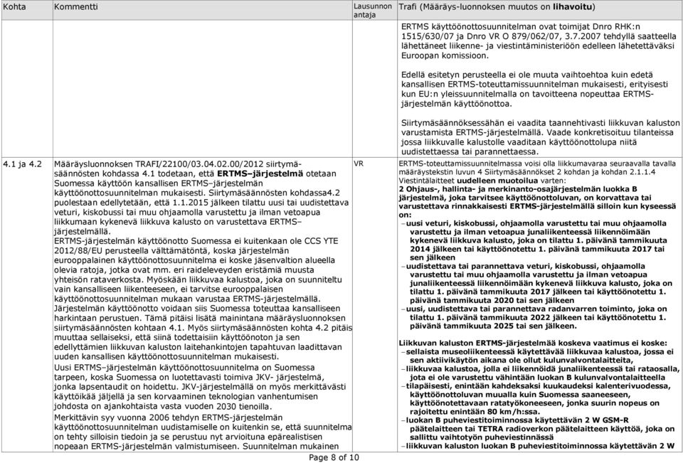 ERTMSjärjestelmän käyttöönottoa. 4.1 ja 4.2 Määräysluonnoksen TRAFI/22100/03.04.02.00/2012 siirtymä- VR säännösten kohdassa 4.
