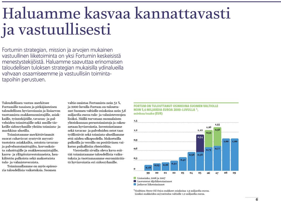 Taloudellinen vastuu merkitsee Fortumille tasaisen ja pitkäjänteisen taloudellisen hyvinvoinnin ja lisäarvon tuottamista osakkeenomistajille, asiakkaille, työntekijöille, tavaran- ja palveluiden