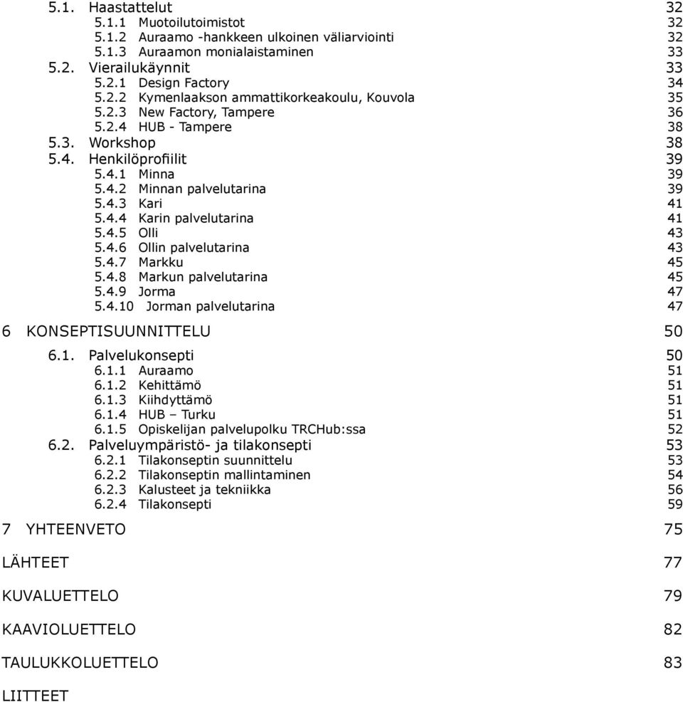 4.7 Markku 45 5.4.8 Markun palvelutarina 45 5.4.9 Jorma 47 5.4.10 Jorman palvelutarina 47 6 KONSEPTISUUNNITTELU 50 6.1. Palvelukonsepti 50 6.1.1 Auraamo 51 6.1.2 Kehittämö 51 6.1.3 Kiihdyttämö 51 6.1.4 HUB Turku 51 6.