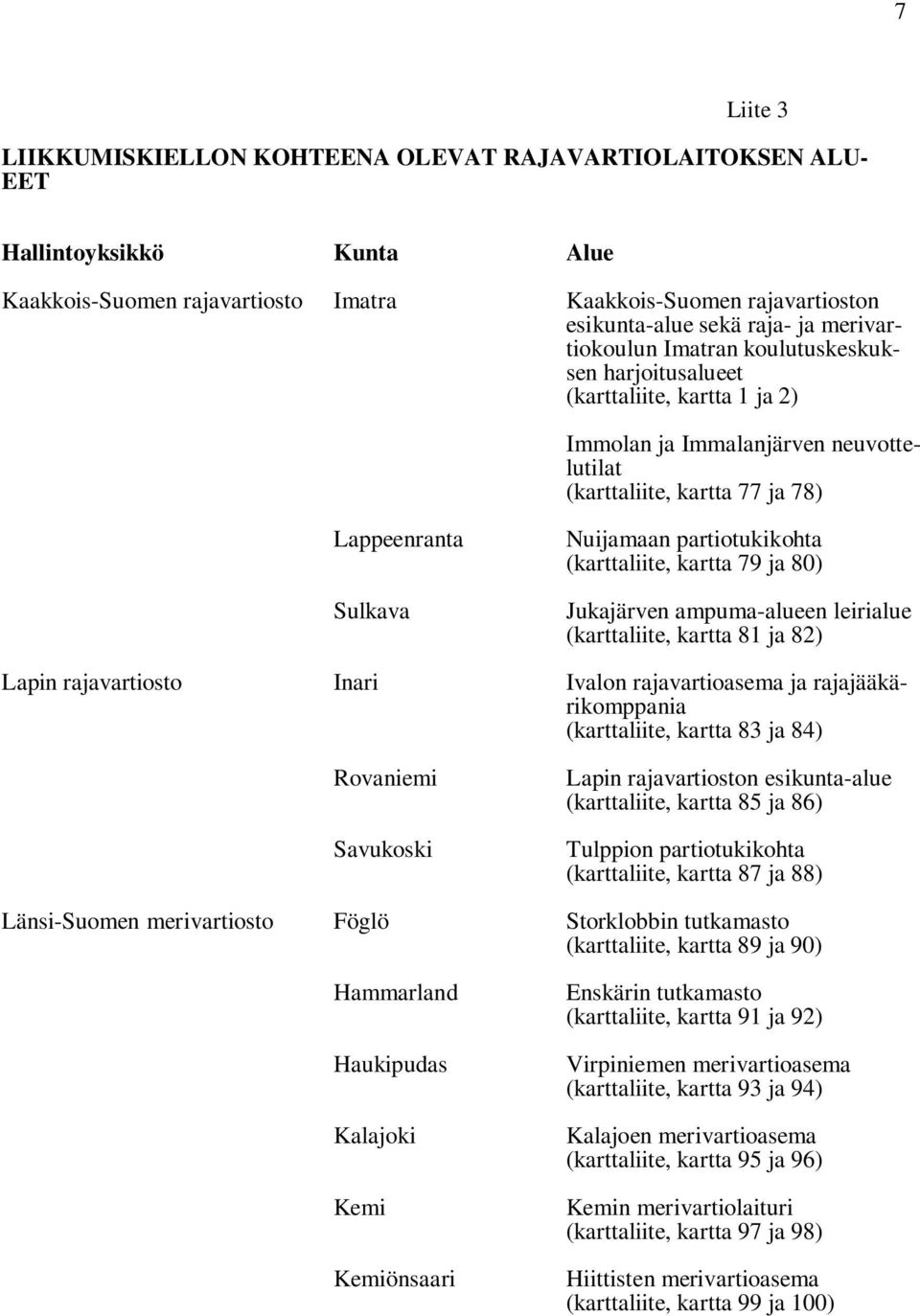 partiotukikohta (karttaliite, kartta 79 ja 80) Jukajärven ampuma-alueen leirialue (karttaliite, kartta 81 ja 82) Lapin rajavartiosto Inari Ivalon rajavartioasema ja rajajääkärikomppania (karttaliite,