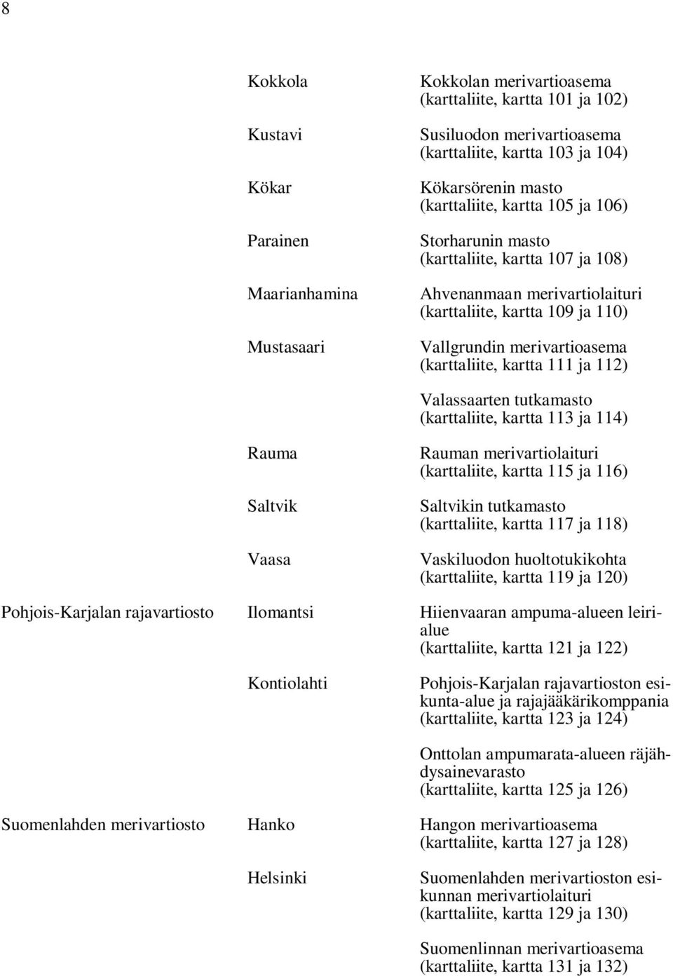 ja 112) Valassaarten tutkamasto (karttaliite, kartta 113 ja 114) Rauma Saltvik Vaasa Rauman merivartiolaituri (karttaliite, kartta 115 ja 116) Saltvikin tutkamasto (karttaliite, kartta 117 ja 118)