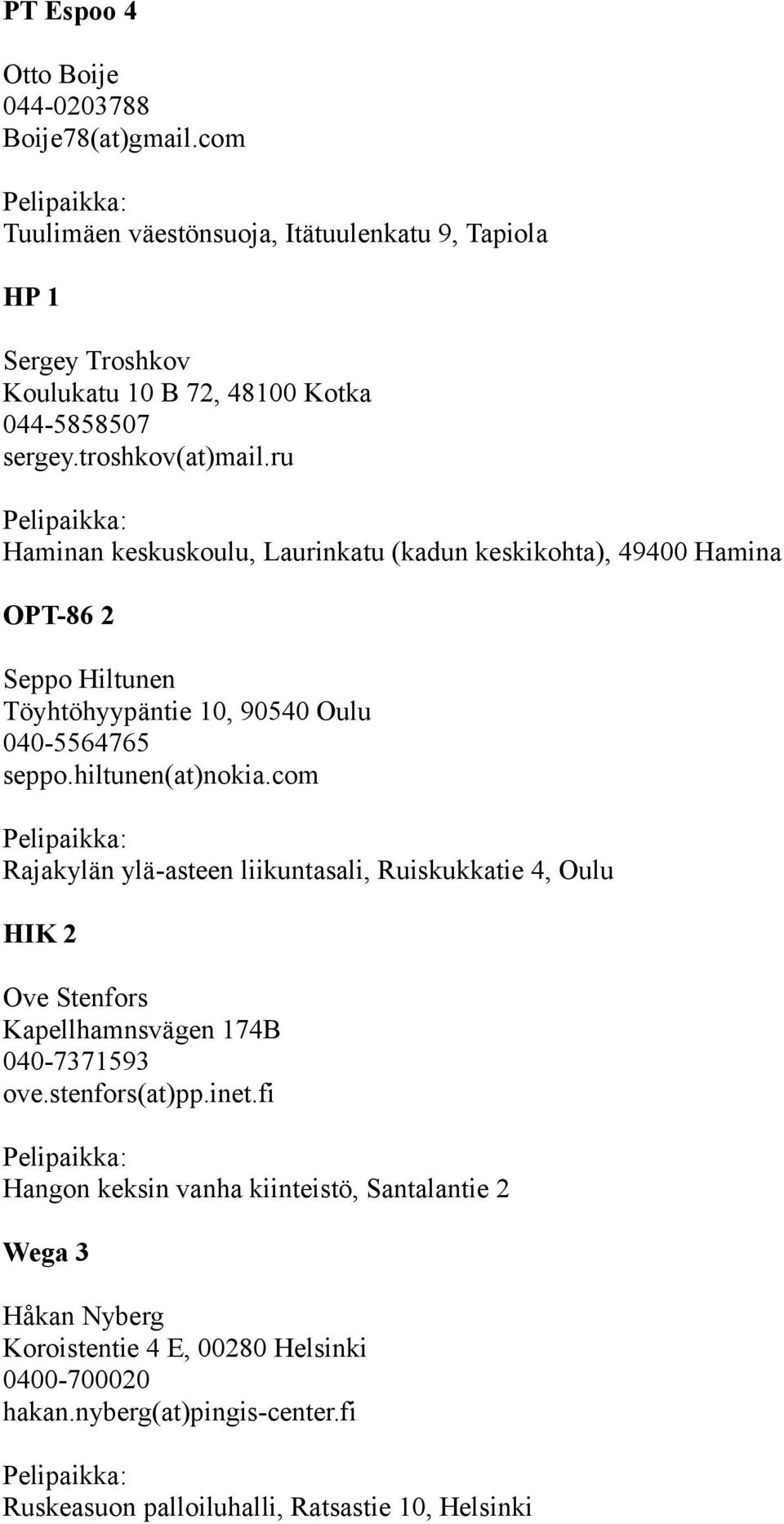 ru Haminan keskuskoulu, Laurinkatu (kadun keskikohta), 49400 Hamina OPT-86 2 Seppo Hiltunen Töyhtöhyypäntie 10, 90540 Oulu 040-5564765 seppo.hiltunen(at)nokia.