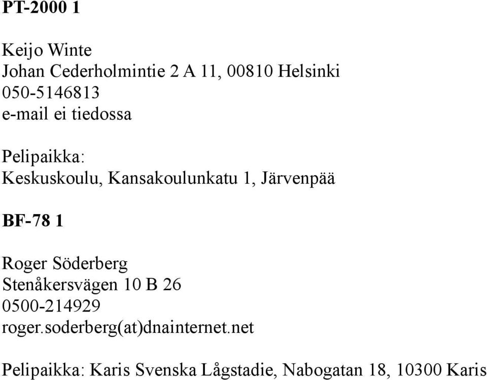 Järvenpää BF-78 1 Roger Söderberg Stenåkersvägen 10 B 26 0500-214929