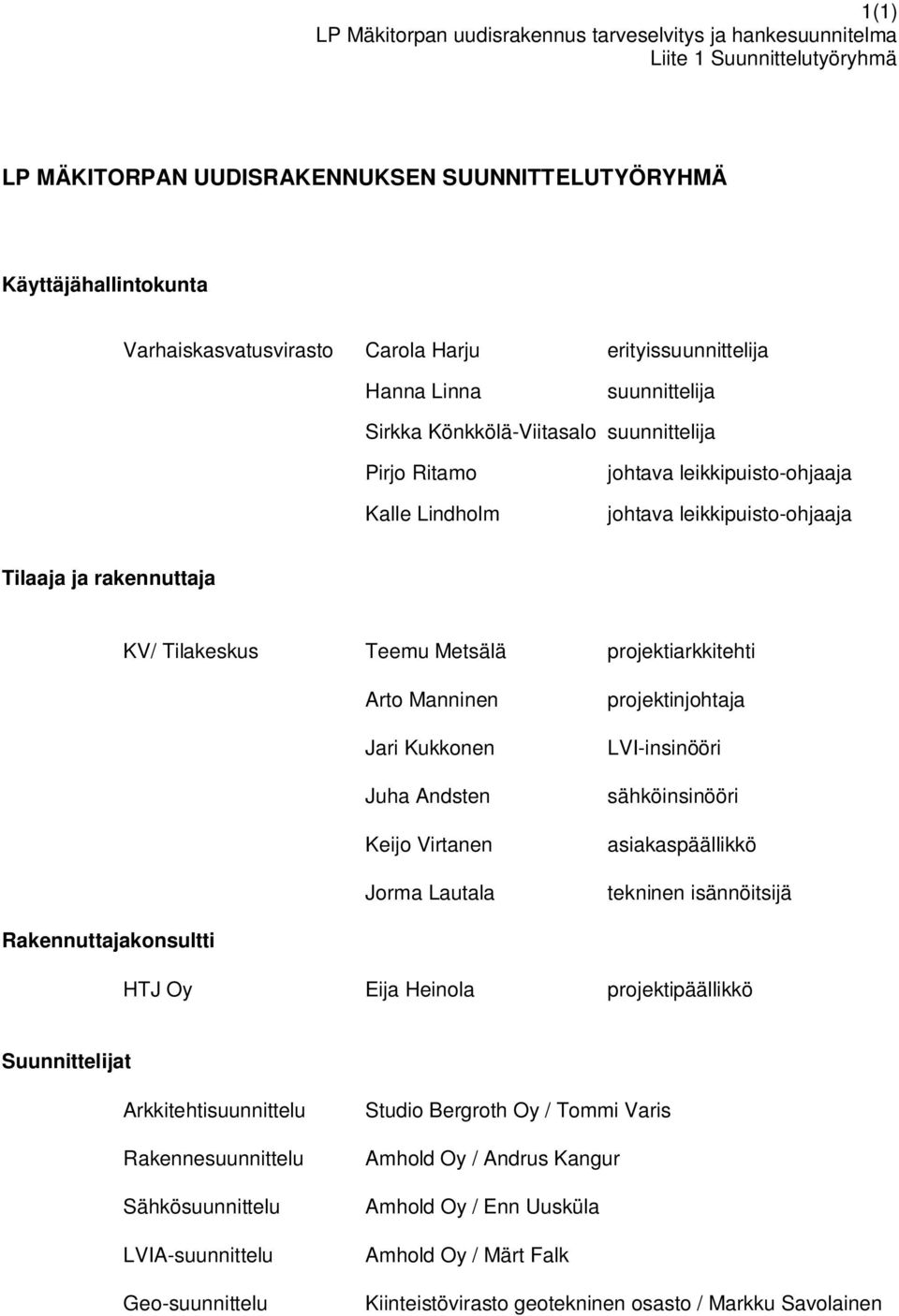 rakennuttaja KV/ Tilakeskus Teemu Metsälä projektiarkkitehti Arto Manninen Jari Kukkonen Juha Andsten Keijo Virtanen Jorma Lautala projektinjohtaja LVI-insinööri sähköinsinööri asiakaspäällikkö