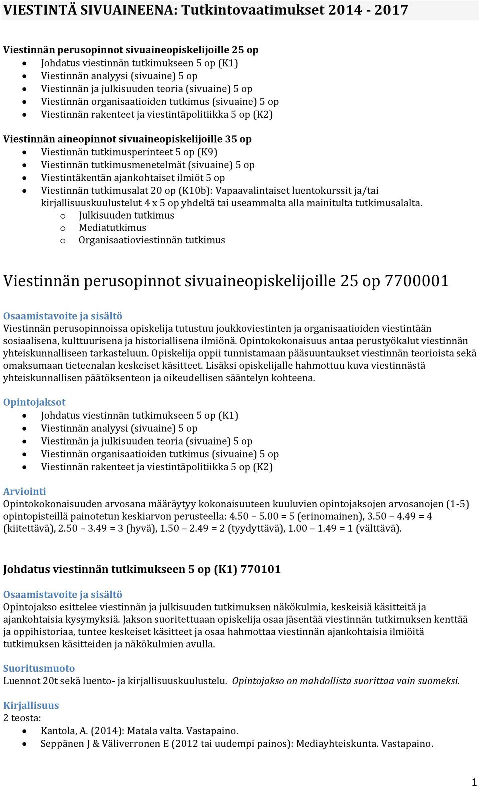 Viestinnän tutkimusperinteet 5 op (K9) Viestinnän tutkimusmenetelmät (sivuaine) 5 op Viestintäkentän ajankohtaiset ilmiöt 5 op Viestinnän tutkimusalat 20 op (K10b): Vapaavalintaiset luentokurssit