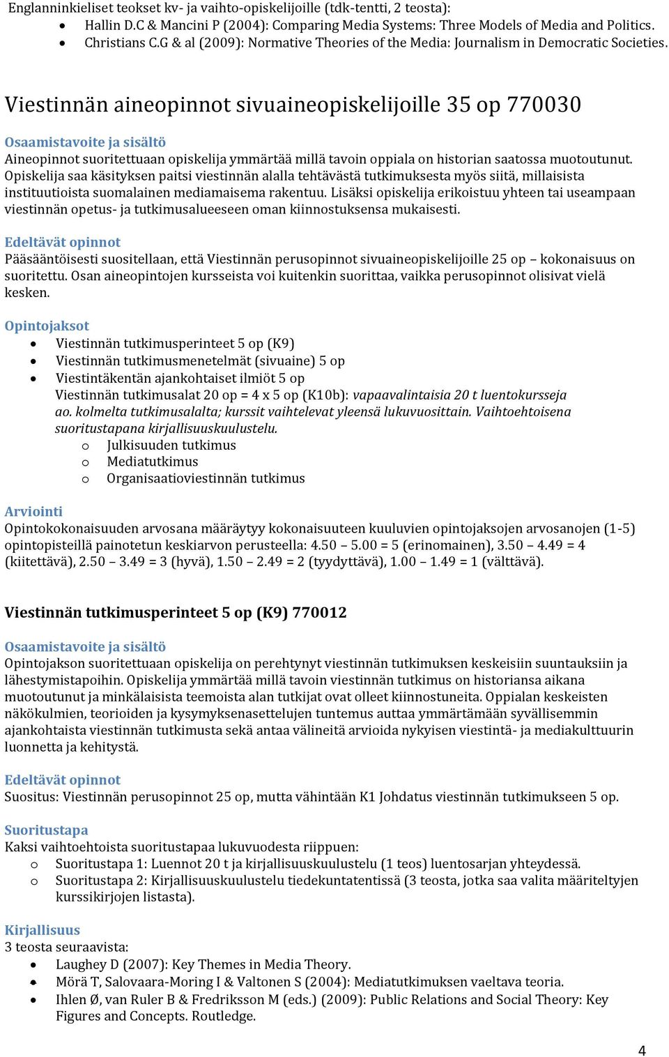 Viestinnän aineopinnot sivuaineopiskelijoille 35 op 770030 Aineopinnot suoritettuaan opiskelija ymmärtää millä tavoin oppiala on historian saatossa muotoutunut.