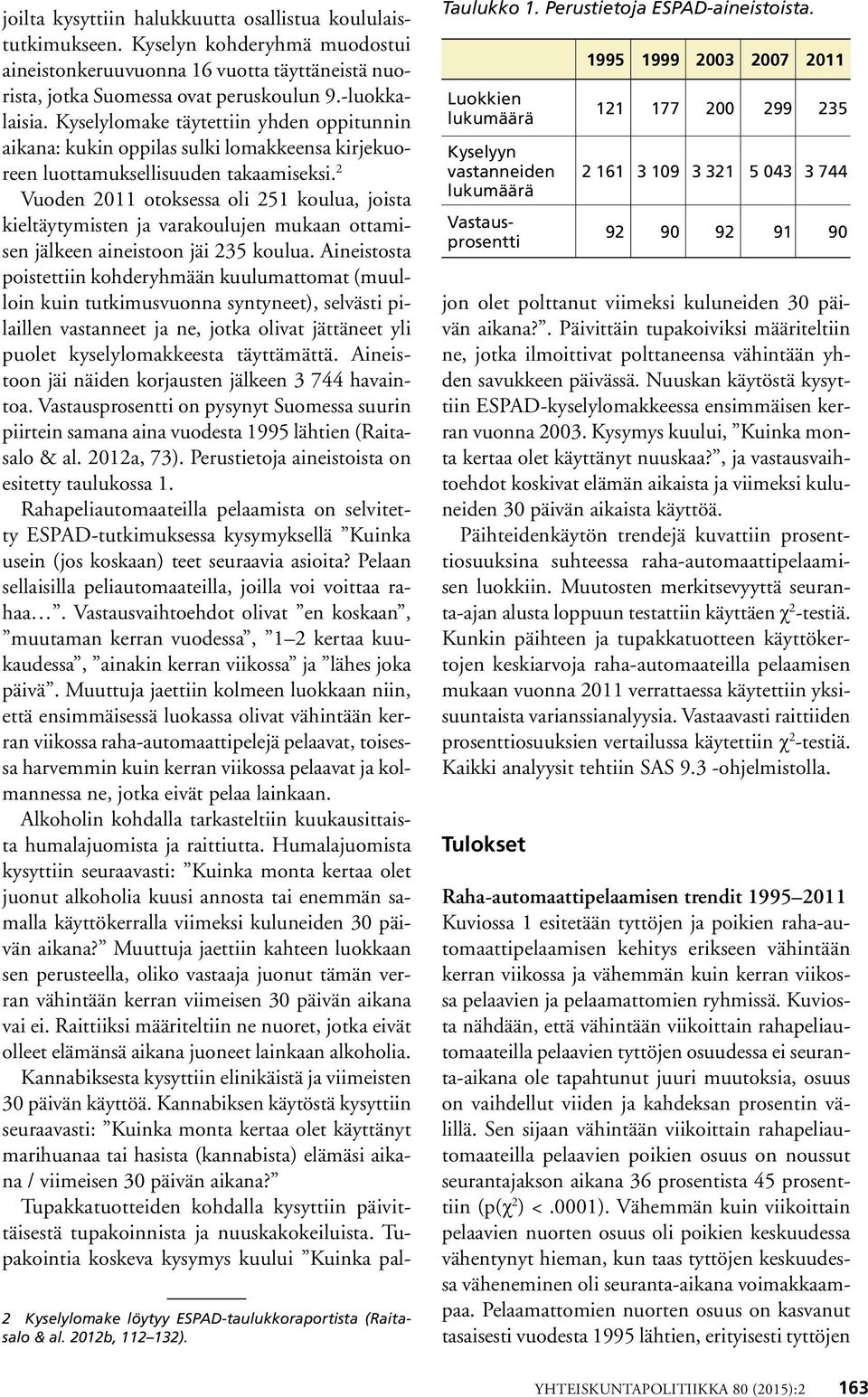 2 Vuoden 11 otoksessa oli 251 koulua, joista kieltäytymisten ja varakoulujen mukaan ottamisen jälkeen aineistoon jäi 235 koulua.