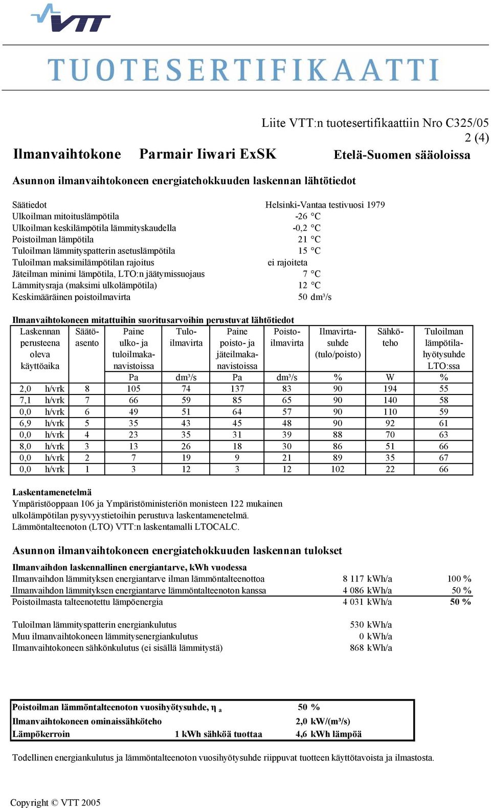 Jäteilman minimi lämpötila, LTO:n jäätymissuojaus 7 C Lämmitysraja (maksimi ulkolämpötila) 12 C Keskimääräinen poistoilmavirta 50 dm³/s Ilmanvaihtokoneen mitattuihin suoritusarvoihin perustuvat