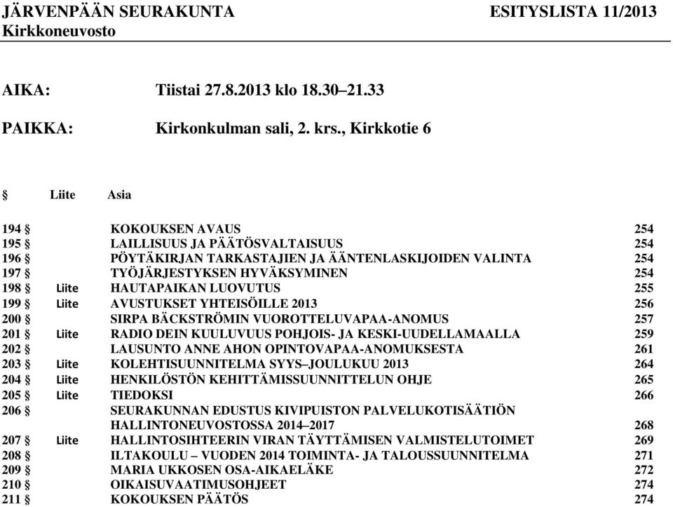 HAUTAPAIKAN LUOVUTUS 255 199 Liite AVUSTUKSET YHTEISÖILLE 2013 256 200 SIRPA BÄCKSTRÖMIN VUOROTTELUVAPAA-ANOMUS 257 201 Liite RADIO DEIN KUULUVUUS POHJOIS- JA KESKI-UUDELLAMAALLA 259 202 LAUSUNTO