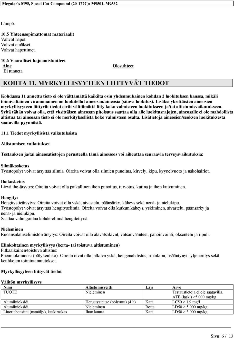 aineosan/aineosia (sitova luokitus). Lisäksi yksittäisten aineosien myrkyllisyyteen liittyvät tiedot eivät välttämättä liity koko valmisteen luokitukseen ja/tai altistumisvaikutukseen.