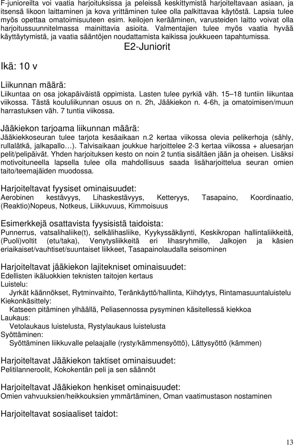 Valmentajien tulee myös vaatia hyvää käyttäytymistä, ja vaatia sääntöjen noudattamista kaikissa joukkueen tapahtumissa. E2-Juniorit Ikä: 10 v Liikunnan määrä: Liikuntaa on osa jokapäiväistä oppimista.