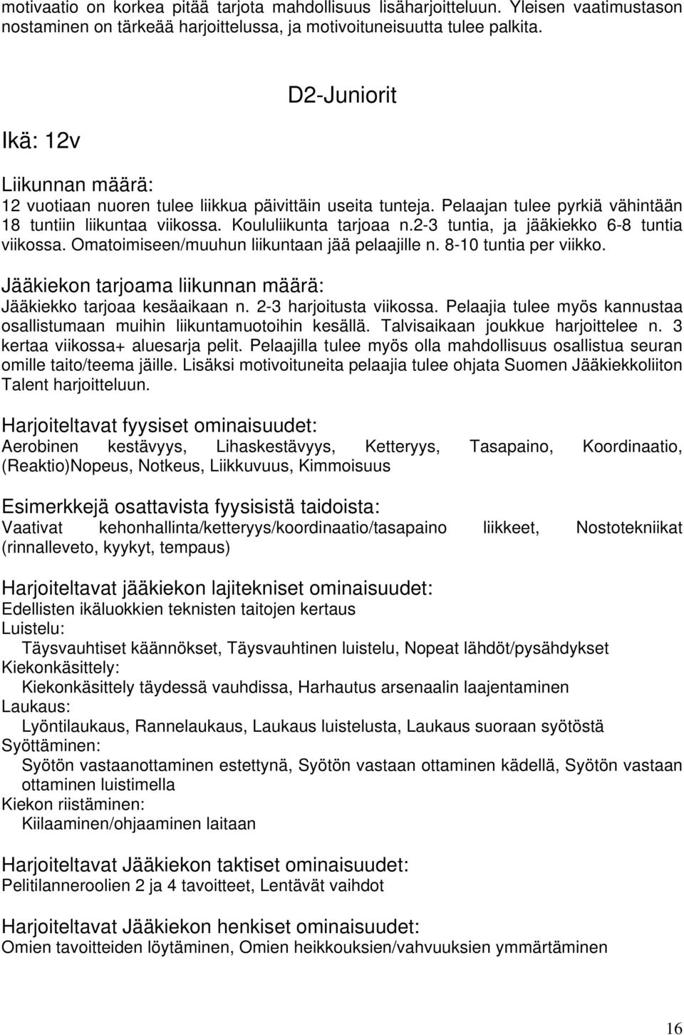 2-3 tuntia, ja jääkiekko 6-8 tuntia viikossa. Omatoimiseen/muuhun liikuntaan jää pelaajille n. 8-10 tuntia per viikko. Jääkiekon tarjoama liikunnan määrä: Jääkiekko tarjoaa kesäaikaan n.