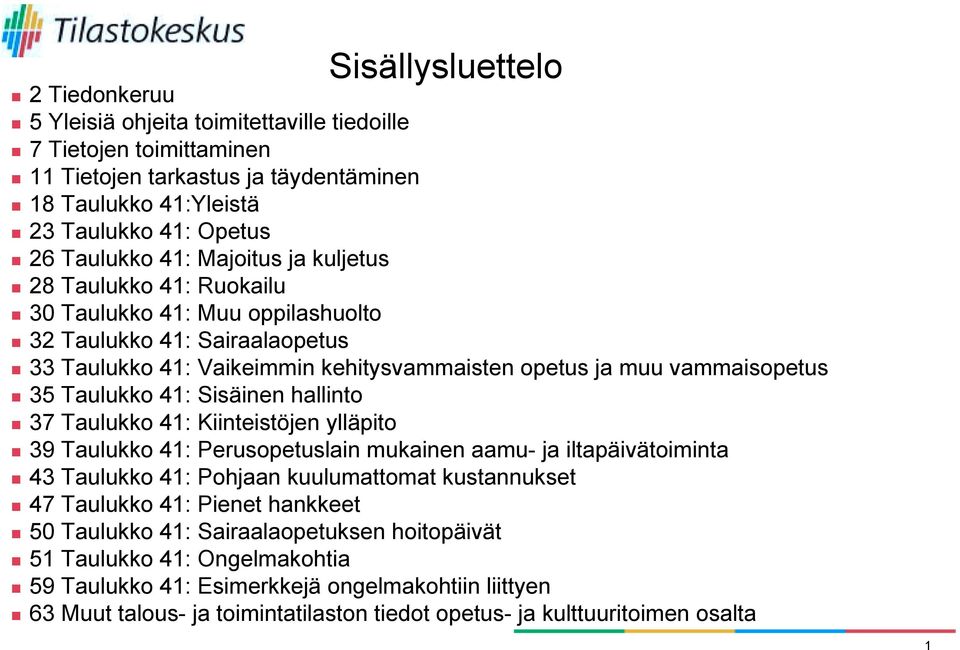 33 Taulukko 41: Vaikeimmin kehitysvammaisten opetus ja muu vammaisopetus! 35 Taulukko 41: Sisäinen hallinto! 37 Taulukko 41: Kiinteistöjen ylläpito!