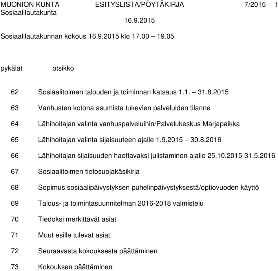 2015 30.8.2016 66 Lähihoitajan sijaisuuden haettavaksi julistaminen ajalle 25.10.2015-31.5.2016 67 Sosiaalitoimen tietosuojakäsikirja 68 Sopimus sosiaalipäivystyksen