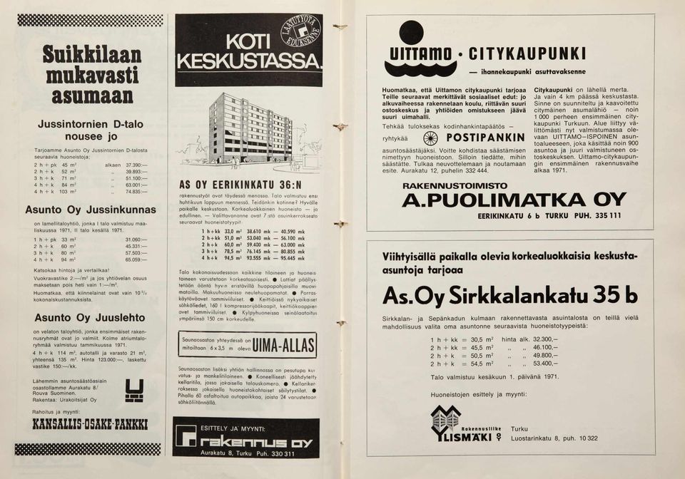 1 h + pk 33 m2 2 h + k 60 m2 3 h + k 80 m2 4 h + k 94 m2 Katsokaa hintoja ja vertailkaa! 31.060 45.331 57.503 65.059 Vuokravastike 2: /m 2 ja jos yhtiövelan osuus maksetaan pois heti vain 1: /m 2.