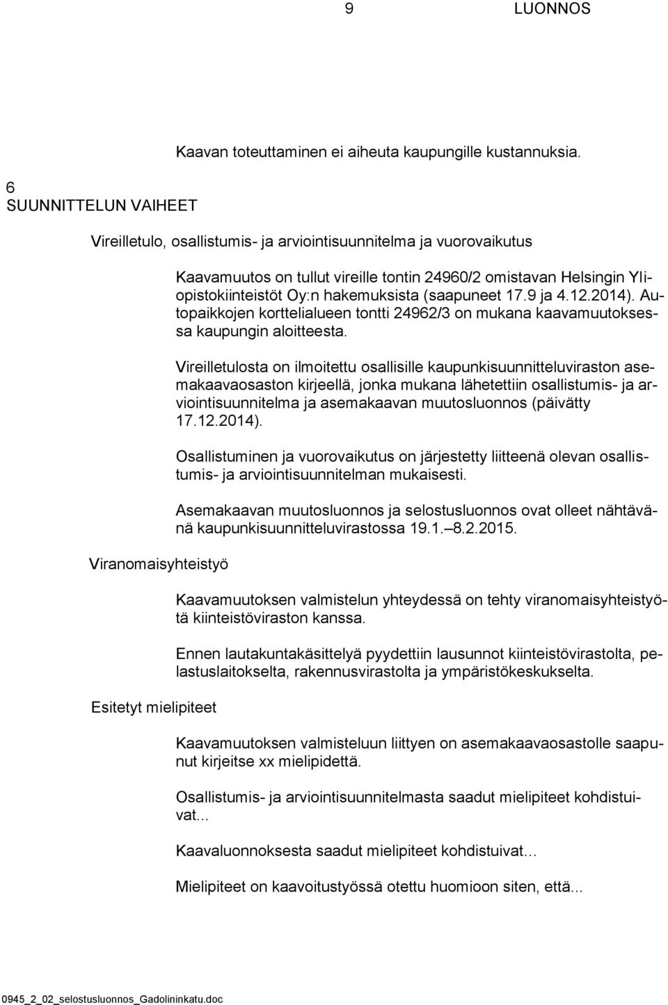 Oy:n hakemuksista (saapuneet 17.9 ja 4.12.2014). Autopaikkojen korttelialueen tontti 24962/3 on mukana kaavamuutoksessa kaupungin aloitteesta.