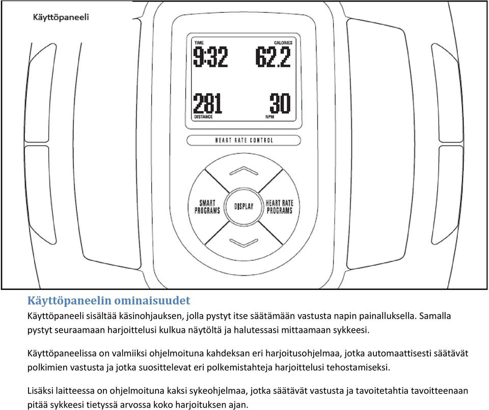 Käyttöpaneelissa on valmiiksi ohjelmoituna kahdeksan eri harjoitusohjelmaa, jotka automaattisesti säätävät polkimien vastusta ja jotka