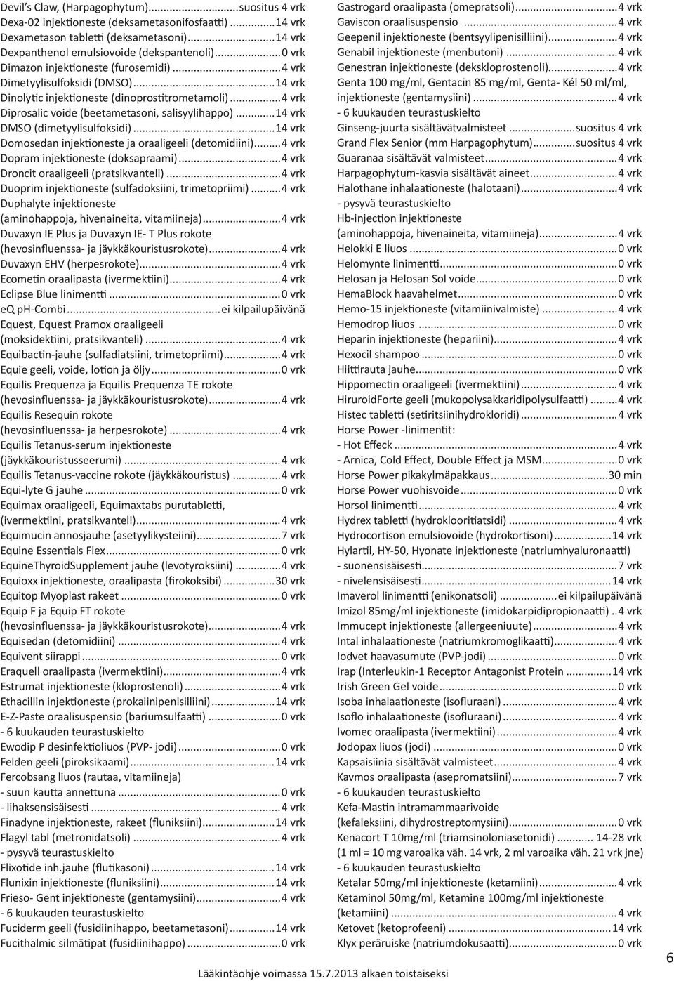 ..14 vrk DMSO (dimetyylisulfoksidi)...14 vrk Domosedan injektioneste ja oraaligeeli (detomidiini)...4 vrk Dopram injektioneste (doksapraami)...4 vrk Droncit oraaligeeli (pratsikvanteli).