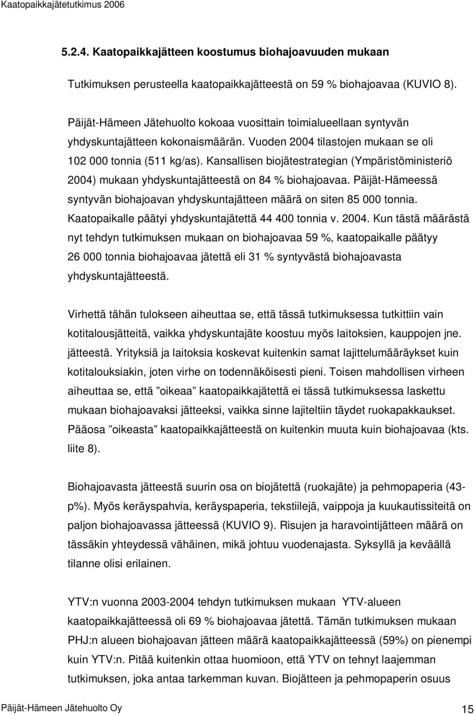 Kansallisen biojätestrategian (Ympäristöministeriö 2004) mukaan yhdyskuntajätteestä on 84 % biohajoavaa. Päijät-Hämeessä syntyvän biohajoavan yhdyskuntajätteen määrä on siten 85 000 tonnia.