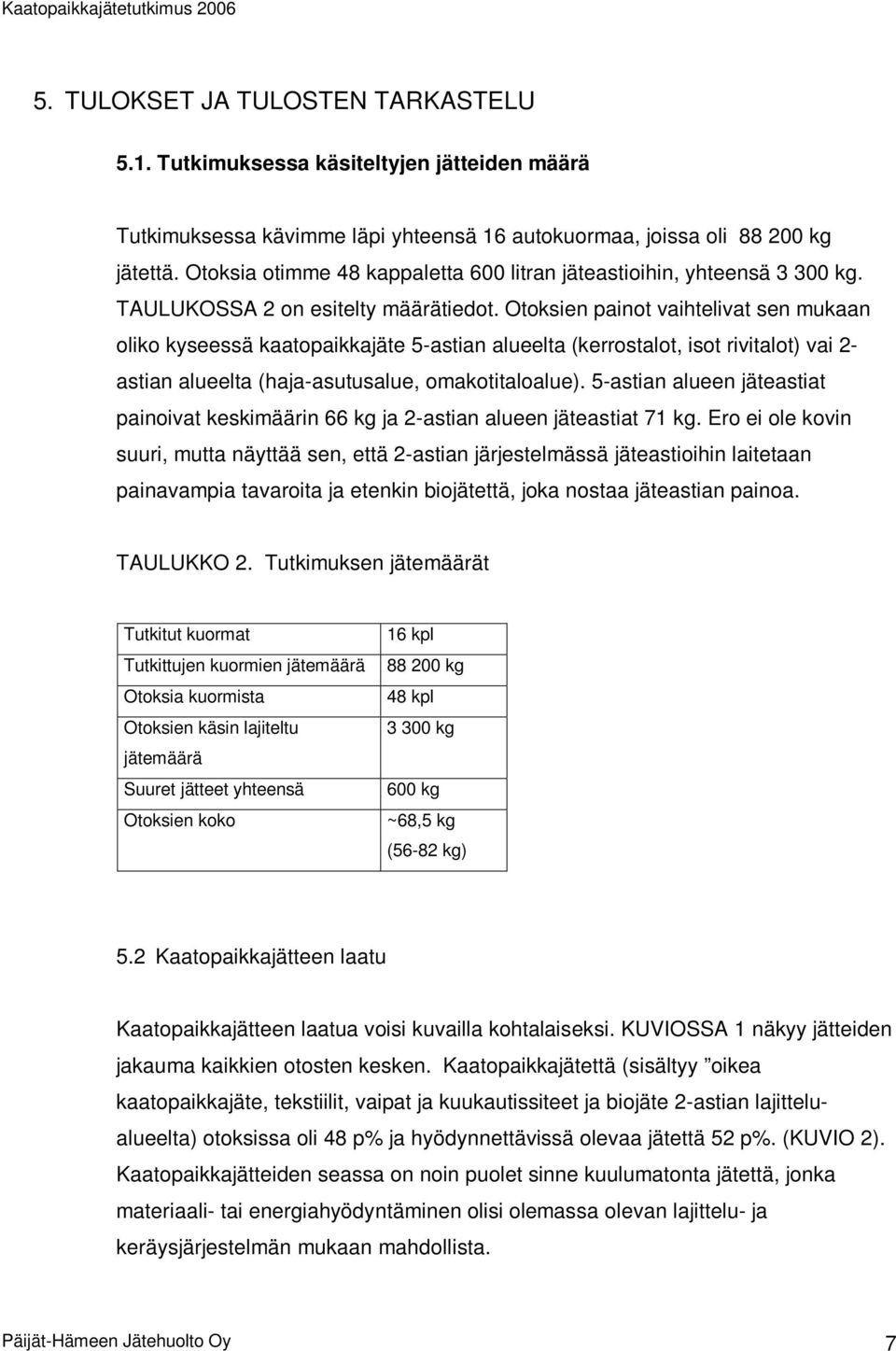 Otoksien painot vaihtelivat sen mukaan oliko kyseessä kaatopaikkajäte 5-astian alueelta (kerrostalot, isot rivitalot) vai 2- astian alueelta (haja-asutusalue, omakotitaloalue).