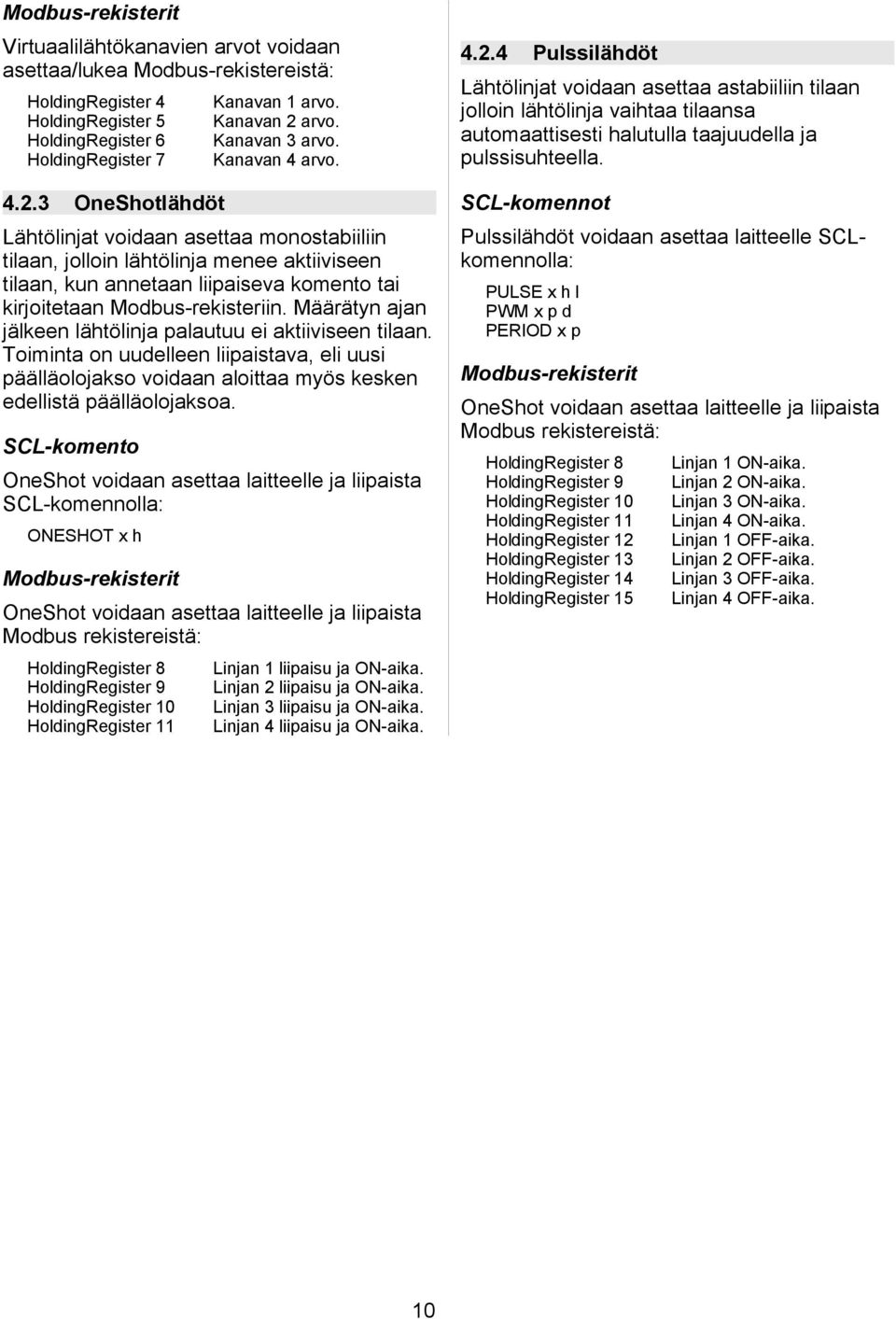 Lähtölinjat voidaan asettaa monostabiiliin tilaan, jolloin lähtölinja menee aktiiviseen tilaan, kun annetaan liipaiseva komento tai kirjoitetaan Modbus-rekisteriin.