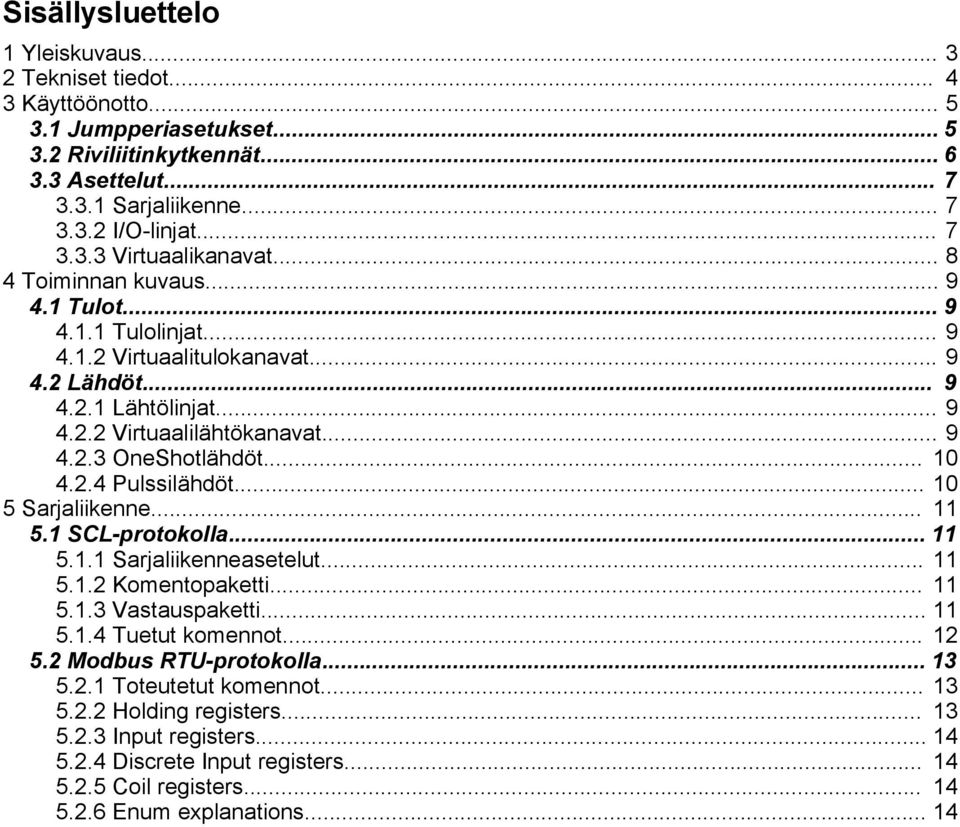 .. 10 4.2.4 Pulssilähdöt... 10 5 Sarjaliikenne... 11 5.1 SCL-protokolla... 11 5.1.1 Sarjaliikenneasetelut... 11 5.1.2 Komentopaketti... 11 5.1.3 Vastauspaketti... 11 5.1.4 Tuetut komennot... 12 5.