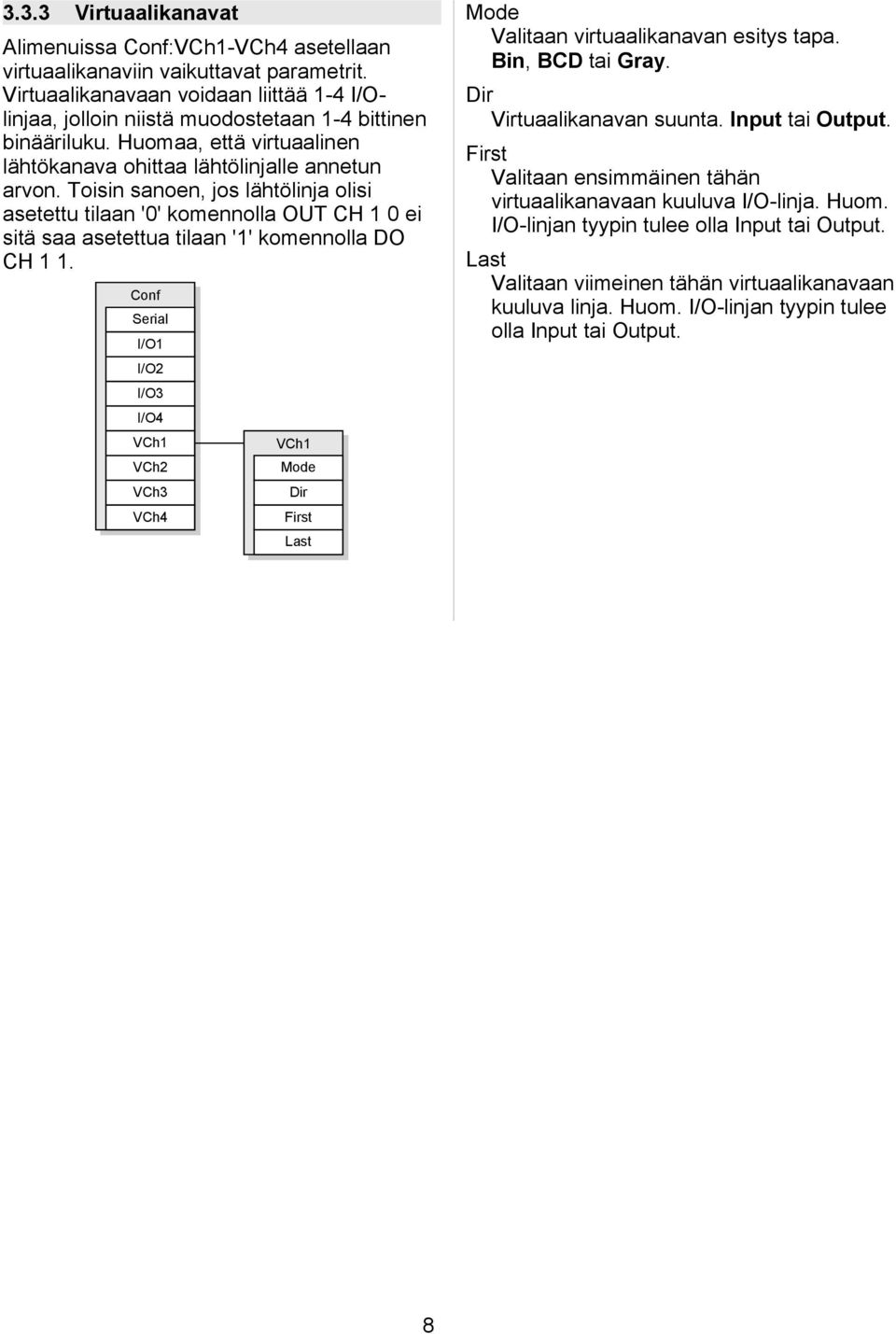 Toisin sanoen, jos lähtölinja olisi asetettu tilaan '0' komennolla OUT CH 1 0 ei sitä saa asetettua tilaan '1' komennolla DO CH 1 1.