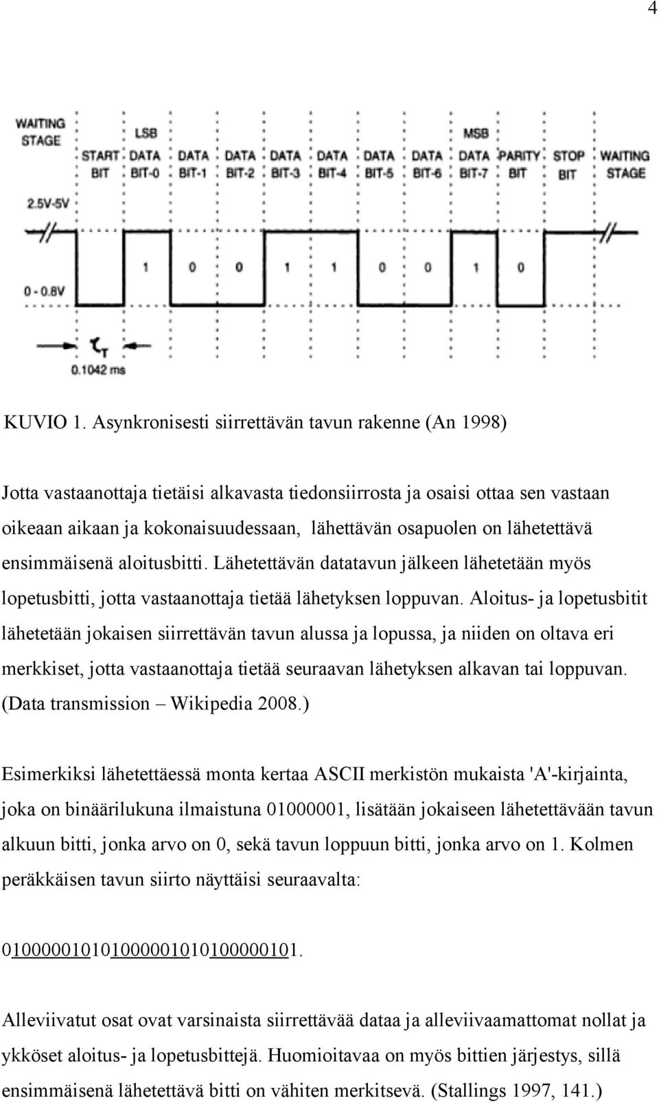 lähetettävä ensimmäisenä aloitusbitti. Lähetettävän datatavun jälkeen lähetetään myös lopetusbitti, jotta vastaanottaja tietää lähetyksen loppuvan.