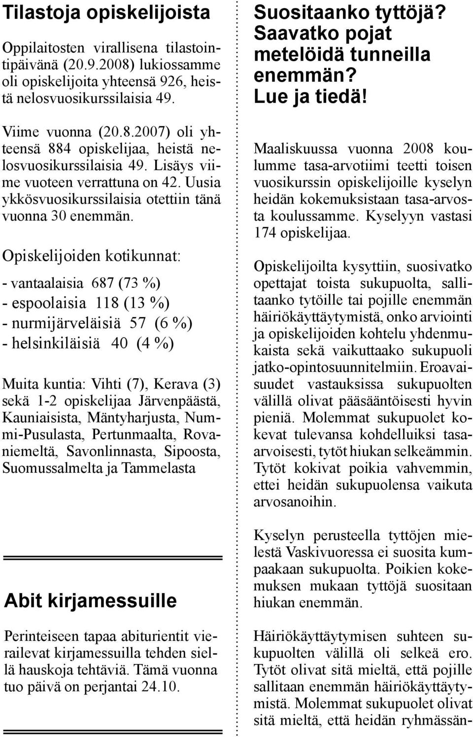 Opiskelijoiden kotikunnat: - vantaalaisia 687 (73 %) - espoolaisia 118 (13 %) - nurmijärveläisiä 57 (6 %) - helsinkiläisiä 40 (4 %) Muita kuntia: Vihti (7), Kerava (3) sekä 1-2 opiskelijaa