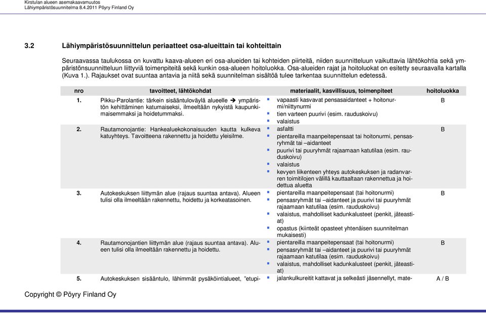 Rajaukset ovat suuntaa antavia ja niitä sekä suunnitelman sisältöä tulee tarkentaa suunnittelun edetessä. nro tavoitteet, lähtökohdat materiaalit, kasvillisuus, toimenpiteet hoitoluokka 1.