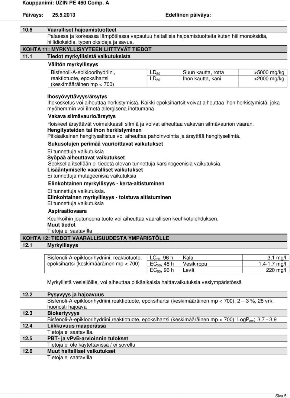 1 Tiedot myrkyllisistä vaikutuksista Välitön myrkyllisyys Bisfenoli-A-epikloorihydriini, reaktiotuote, epoksihartsi (keskimääräinen mp < 700) LD 50 Suun kautta, rotta >5000 mg/kg LD 50 Ihon kautta,
