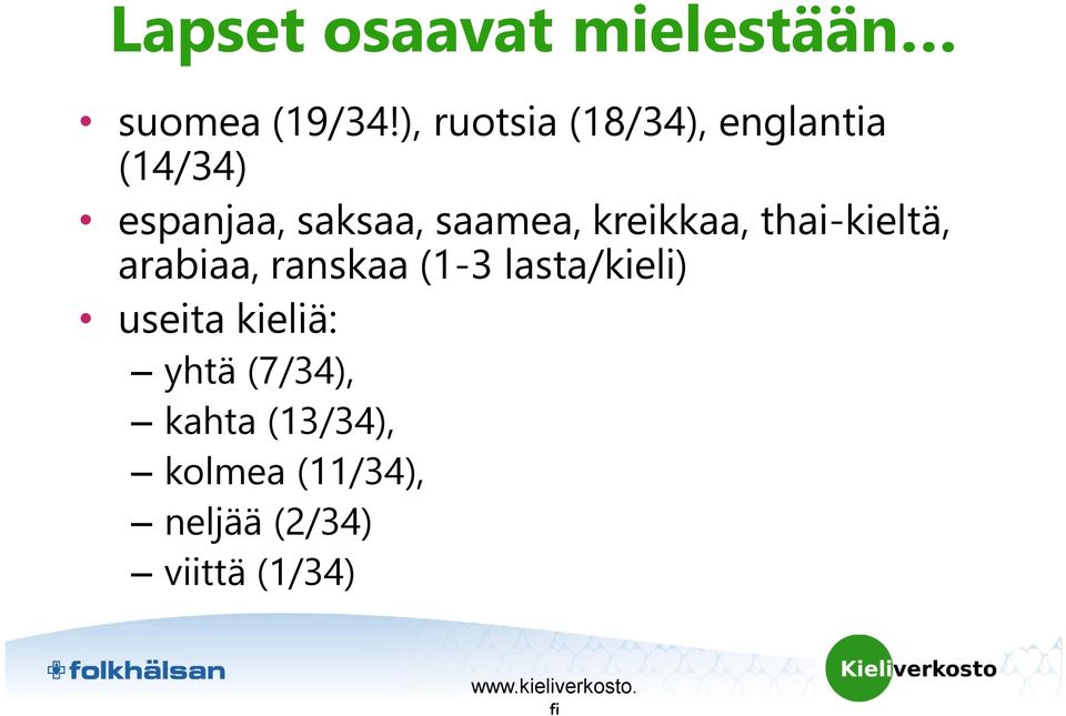 kreikkaa, thai-kieltä, arabiaa, ranskaa (1-3 lasta/kieli) useita