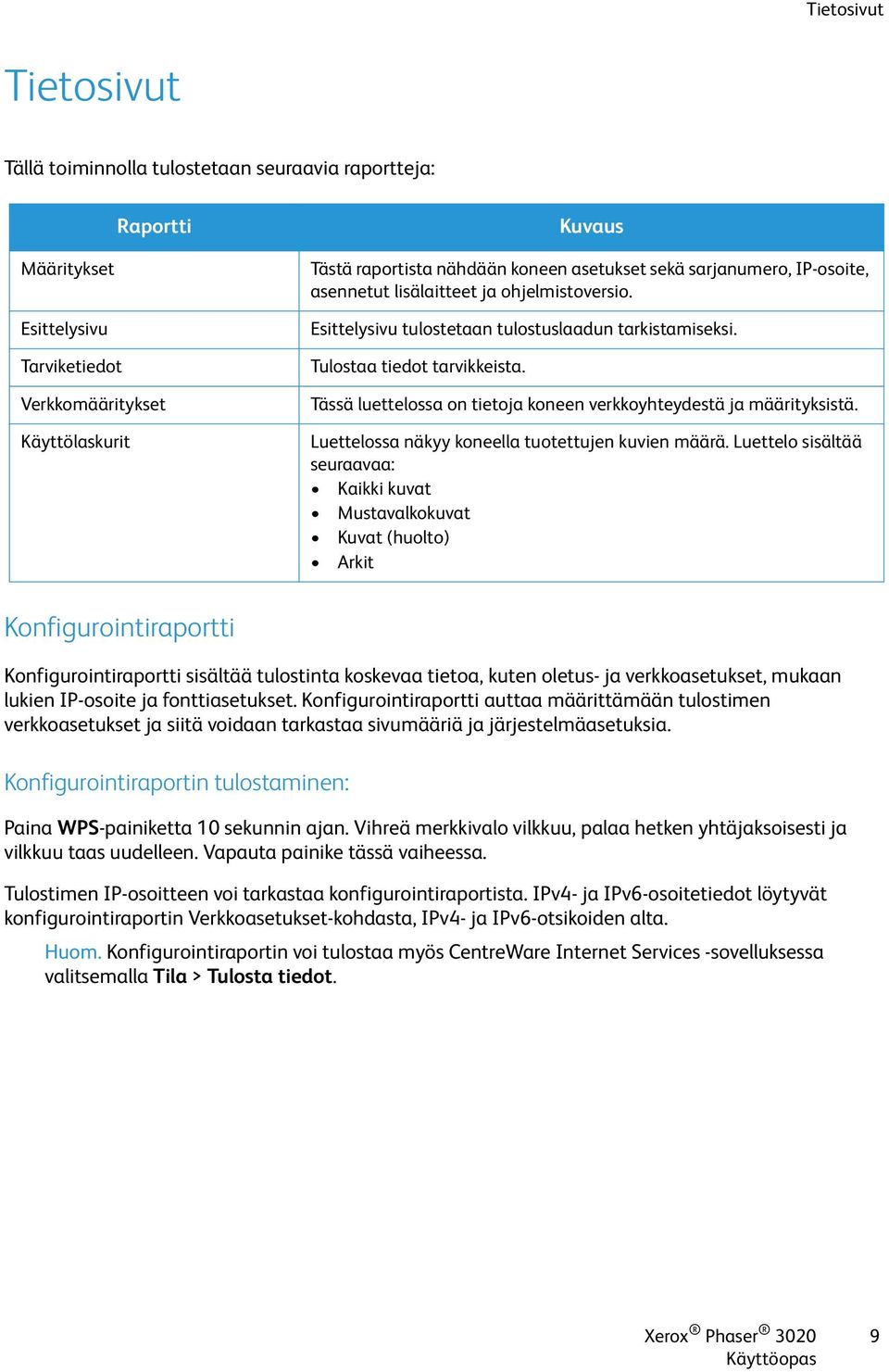 Tässä luettelossa on tietoja koneen verkkoyhteydestä ja määrityksistä. Luettelossa näkyy koneella tuotettujen kuvien määrä.