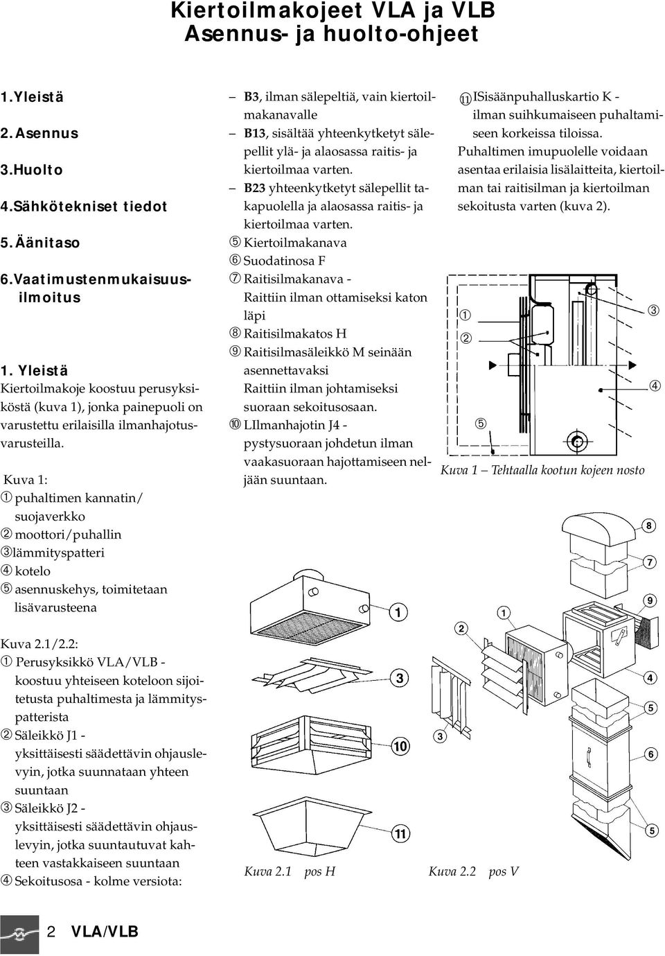 Kuva 1: ➀ puhaltimen kannatin/ suojaverkko ➁ moottori/puhallin ➂lämmityspatteri ➃ kotelo ➄ asennuskehys, toimitetaan lisävarusteena B3, ilman sälepeltiä, vain kiertoilmakanavalle B13, sisältää