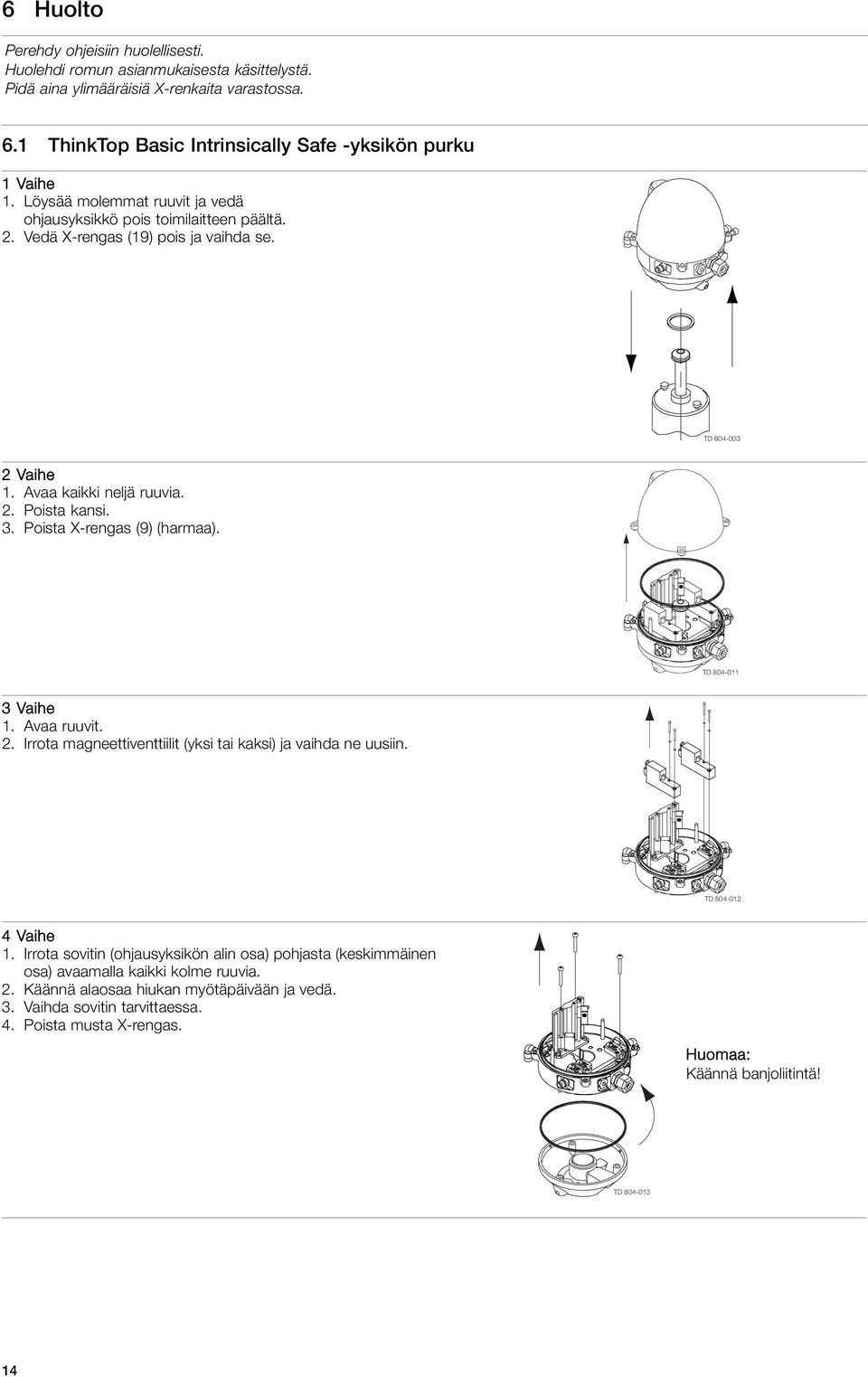 Avaa kaikki neljä ruuvia. 2. Poista kansi. 3. Poista X-rengas (9) (harmaa). TD 804-011 3Vaihe 1. Avaa ruuvit. 2. Irrota magneettiventtiilit (yksi tai kaksi) ja vaihda ne uusiin.