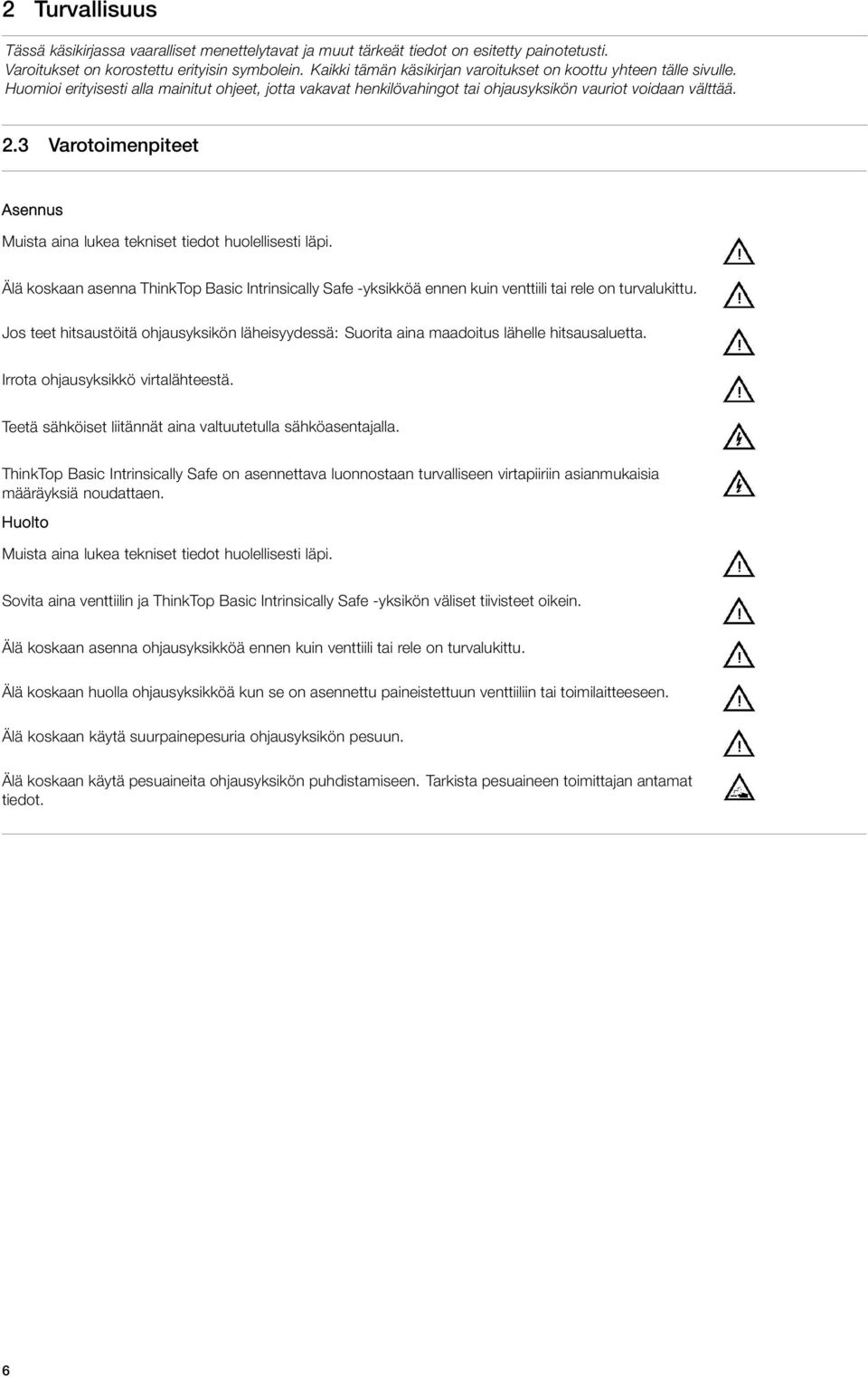 3 Varotoimenpiteet Asennus Muista aina lukea tekniset tiedot huolellisesti läpi. Älä koskaan asenna ThinkTop Basic Intrinsically Safe -yksikköä ennen kuin venttiili tai rele on turvalukittu.